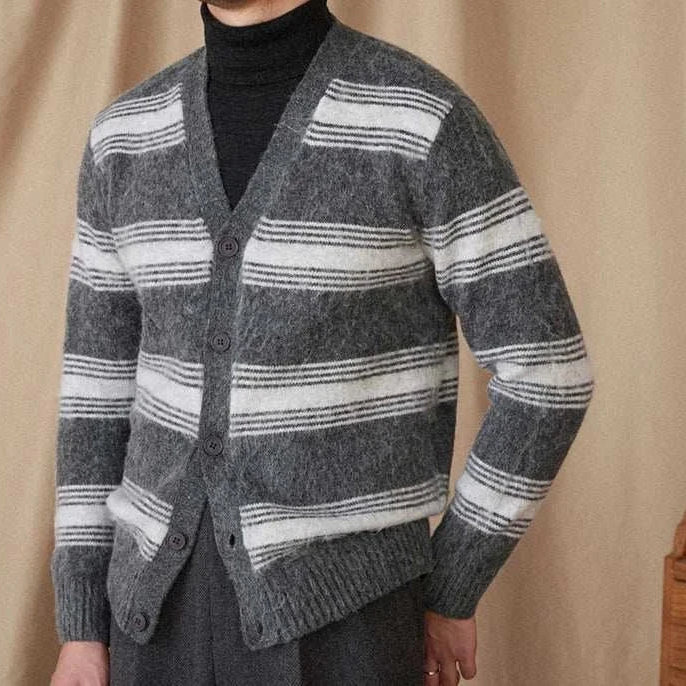 Antonios striped wool v-neck cardigan for men, perfect winter essential.