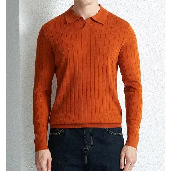 Casual wool autumn sweater for men in orange, slim fit, ribbed texture.