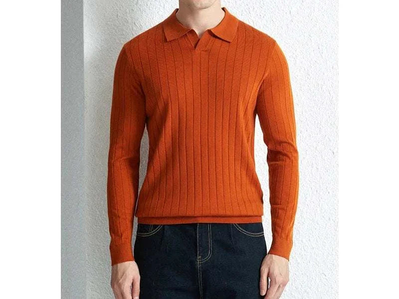 Casual wool autumn sweater for men in orange, slim fit, ribbed texture.
