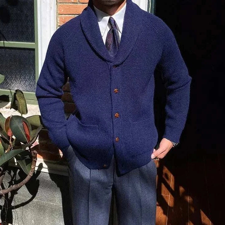 Oxford premium cardigan in navy, men's stylish and trendy, lightweight polyester, perfect for autumn nights.