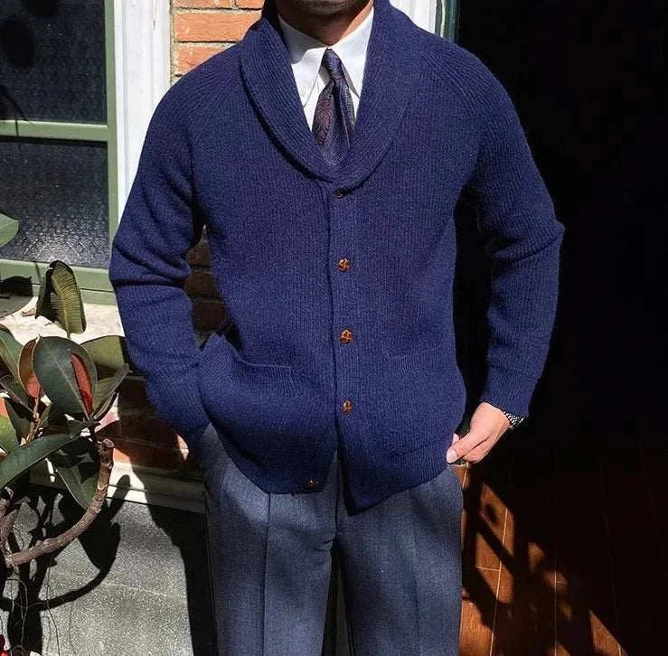 Oxford premium cardigan in navy, men's stylish and trendy, lightweight polyester, perfect for autumn nights.