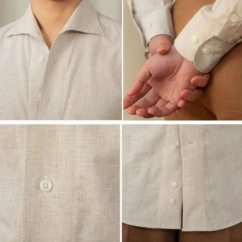 Piece collar casual long-sleeve shirt made of linen and cotton, showcasing button details and fit for men.