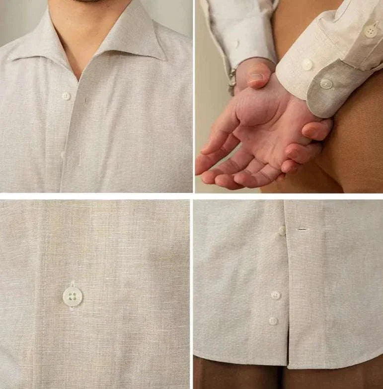 Piece collar casual long-sleeve shirt made of linen and cotton, showcasing button details and fit for men.