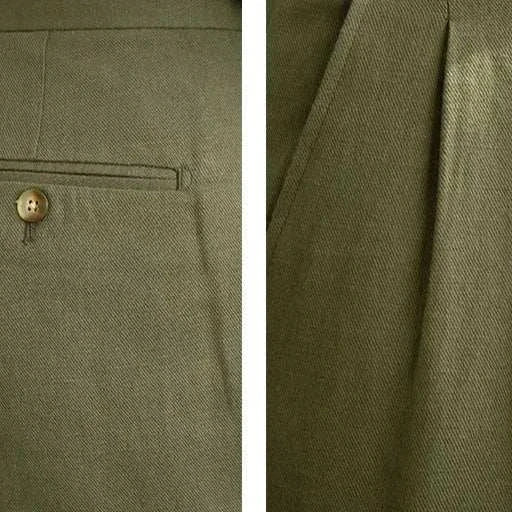 Antonios Naples cotton-linen pants close-up showing fabric texture and back pocket.