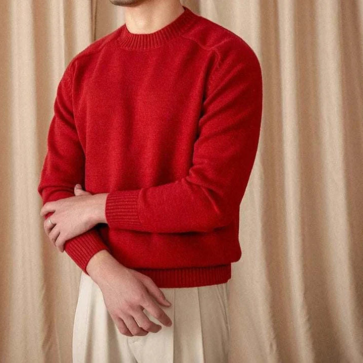 Japanese casual winter sweater in red for men, made from cotton and wool blend for warmth and style.