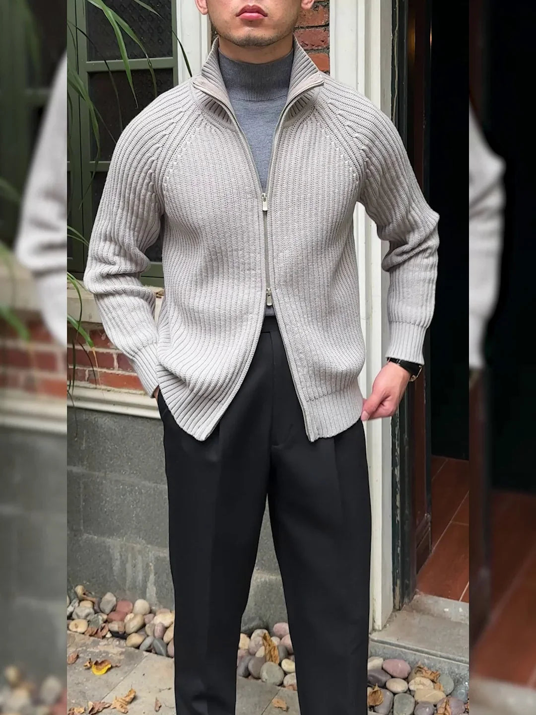 Men's retro cardigan in cotton, elegant style, gray color.