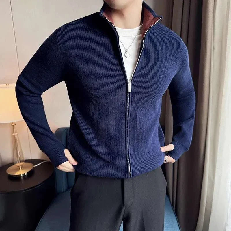 Men's cold season knit zipper sweater for winter warmth and style.