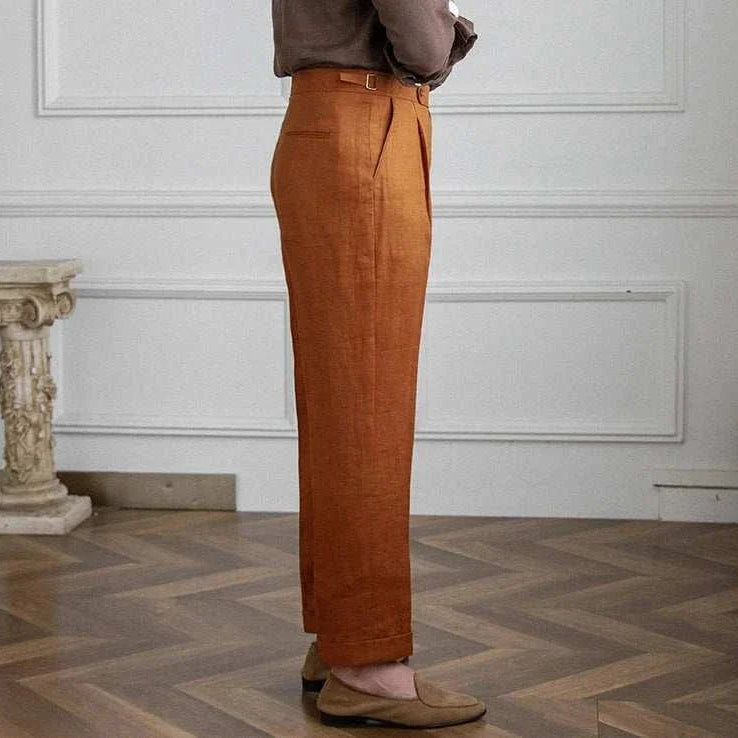 Lightweight Italian high-waist linen trousers for men, perfect for casual or elegant styles.