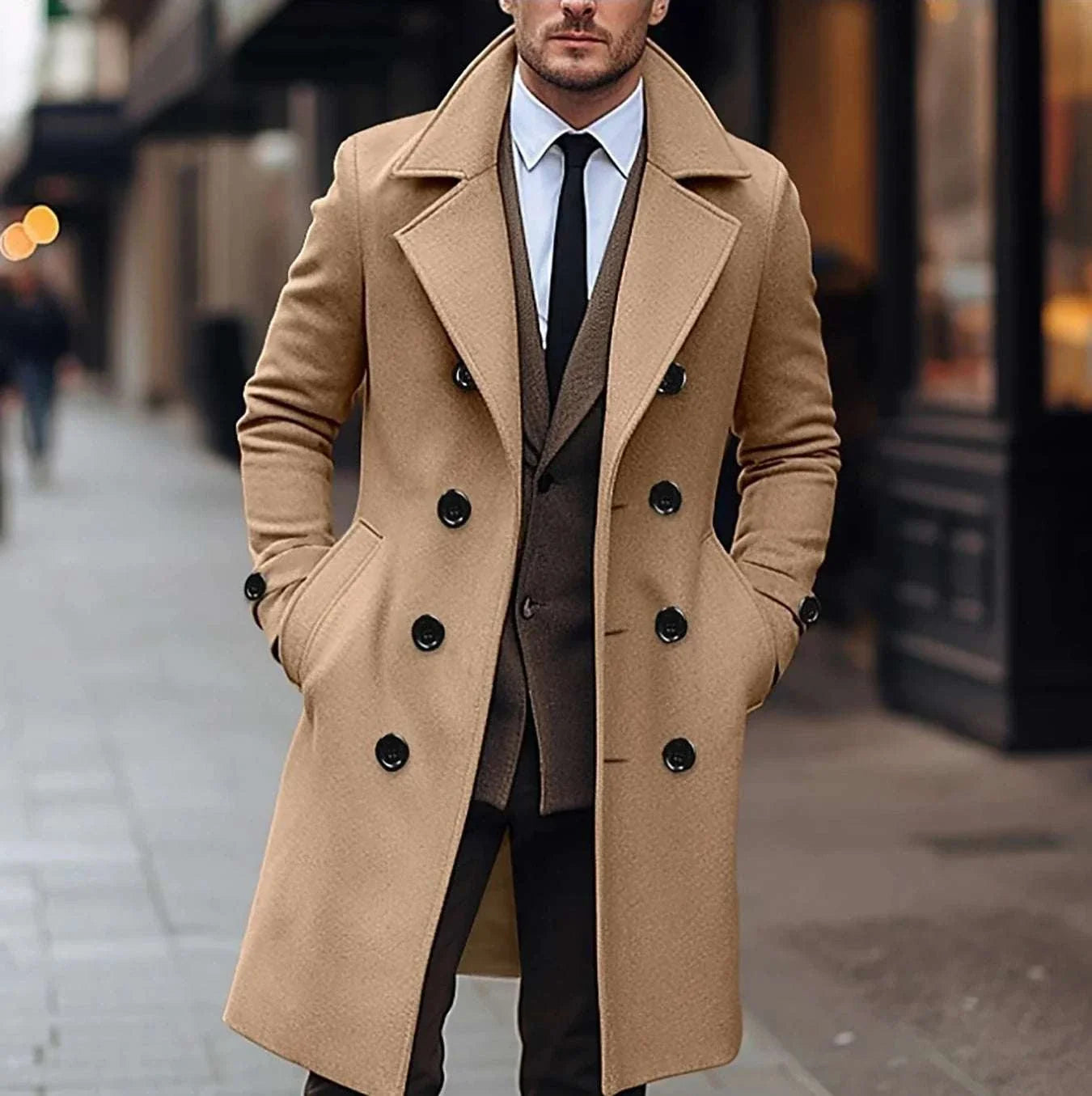 Men's classic British style long coat in high-quality polyester, ideal for casual autumn and winter wear.