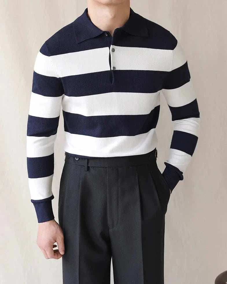 Oxford striped sweater in black and white pattern, men's casual elegant style.