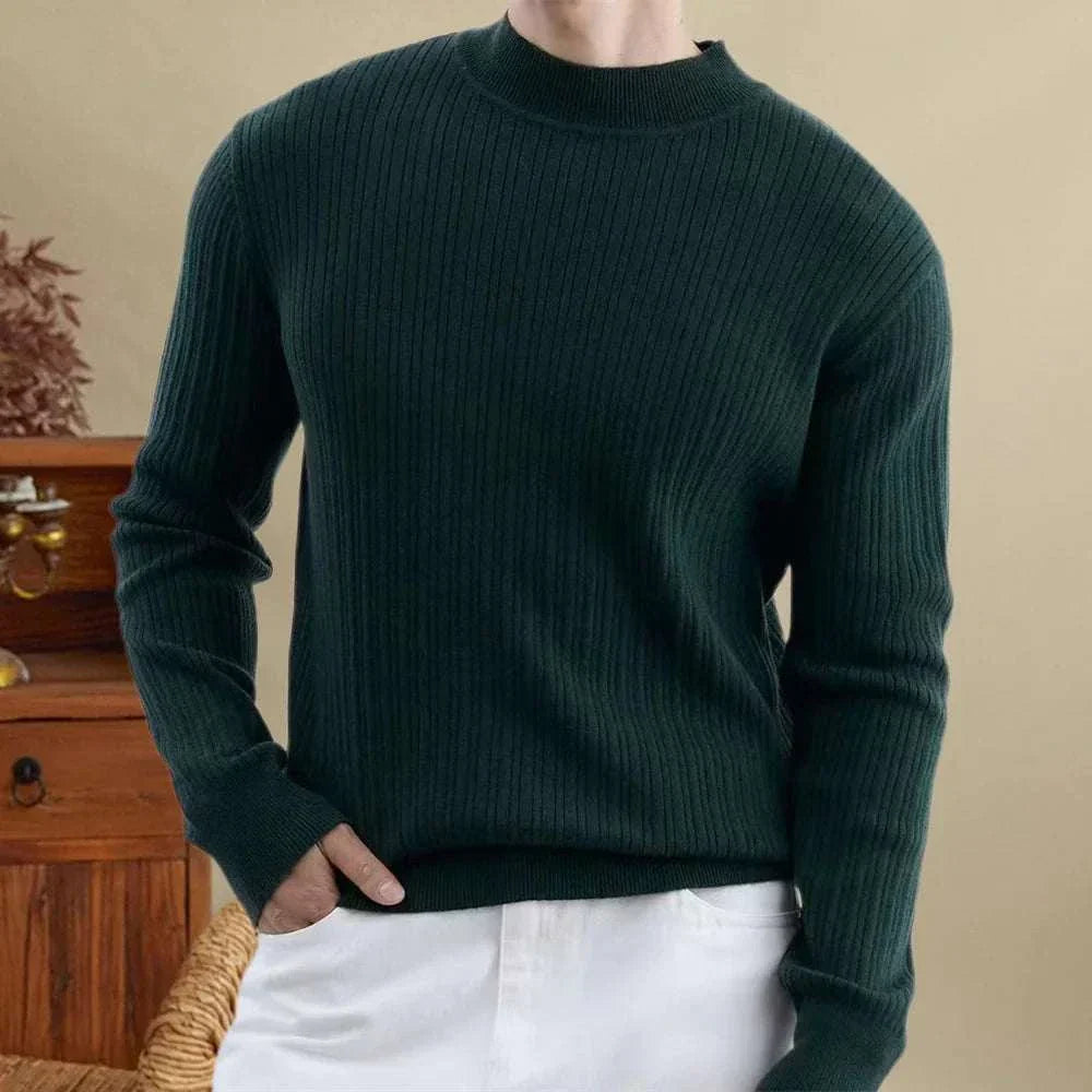 Men's striped jacquard knit sweater in dark color, made from standard wool, offering comfort and durability.