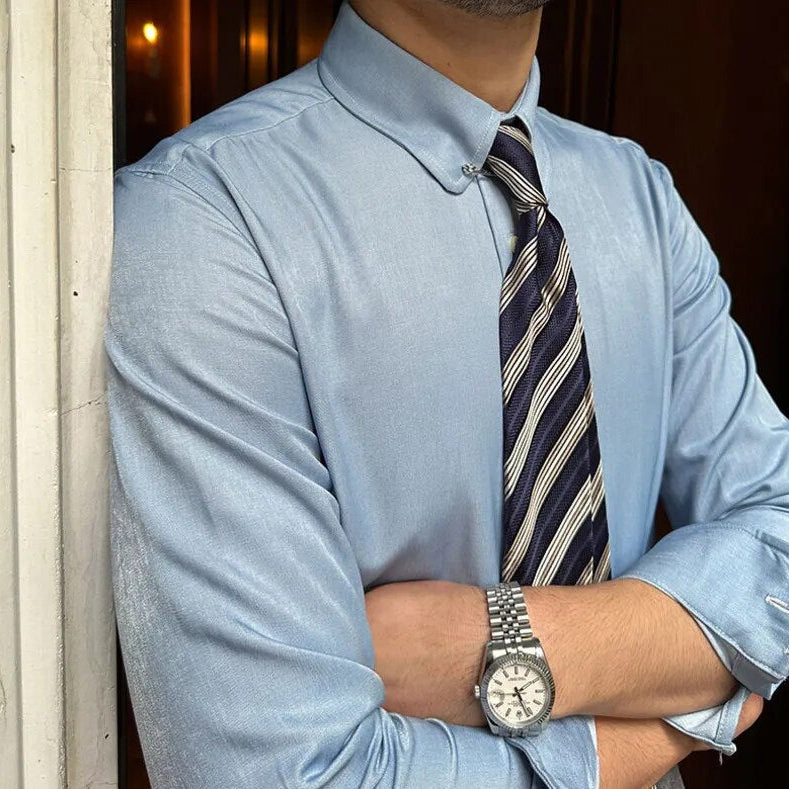 Antonios Blue Shirt long sleeve smart casual style in solid color.