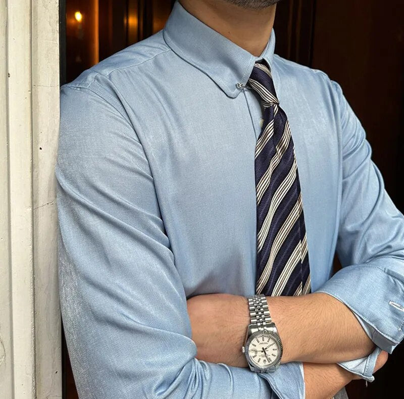 Antonios Blue Shirt long sleeve smart casual style in solid color.