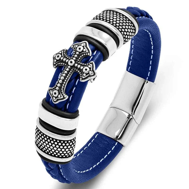 Cross punk leather bracelet with stainless steel cross design and durable PU material.