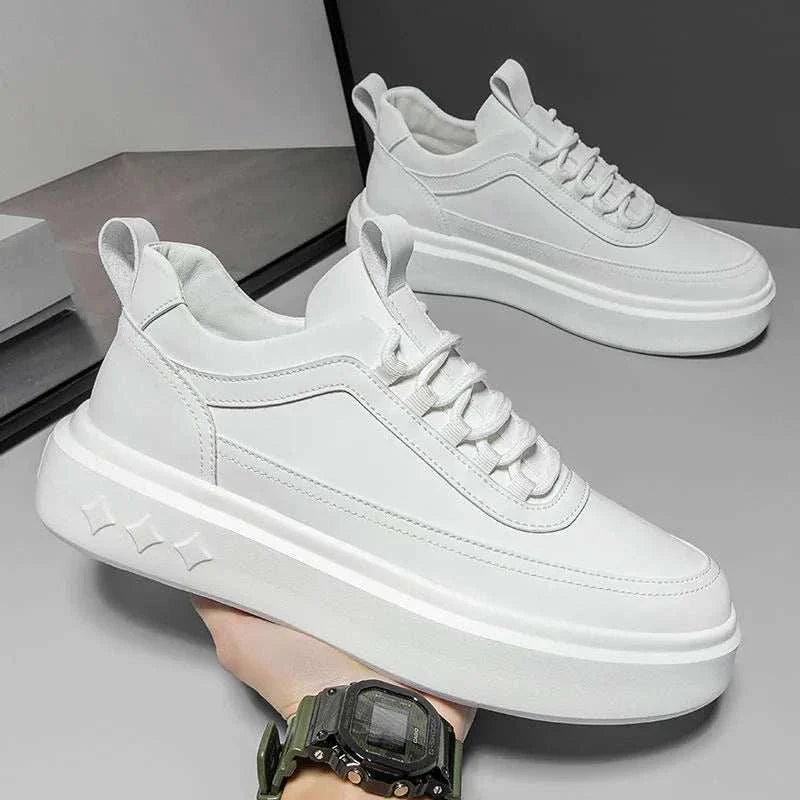 White leather basket comfort sneakers with breathable design for men.