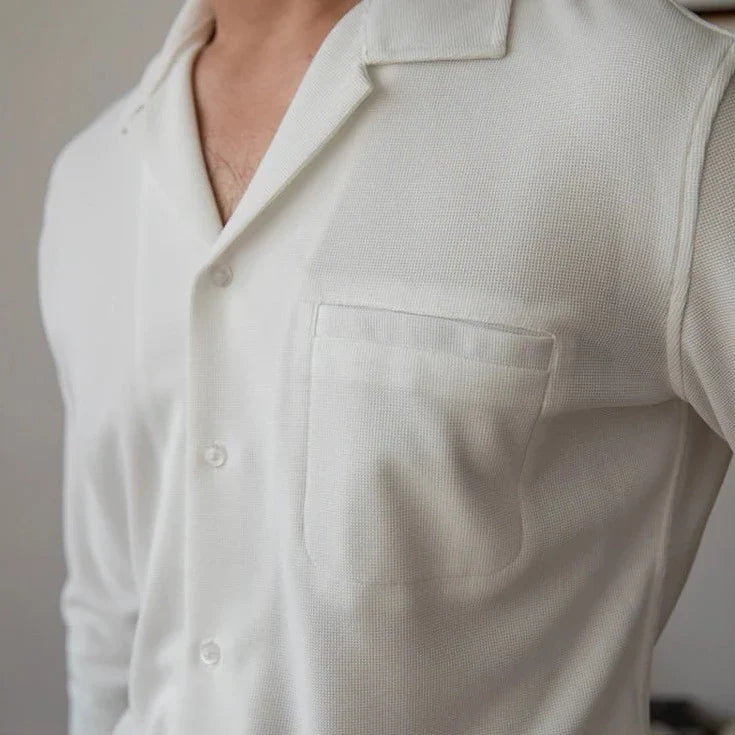 Turn-down collar shirt for men in white, long sleeve, smart casual style.