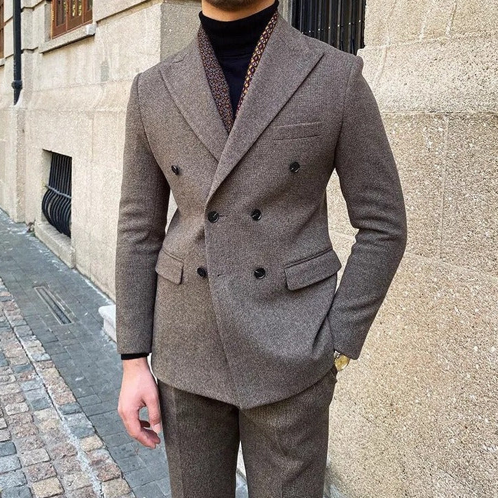 Office double-breasted suit for men in elegant Italian style, featuring a sophisticated pattern and tailored fit.