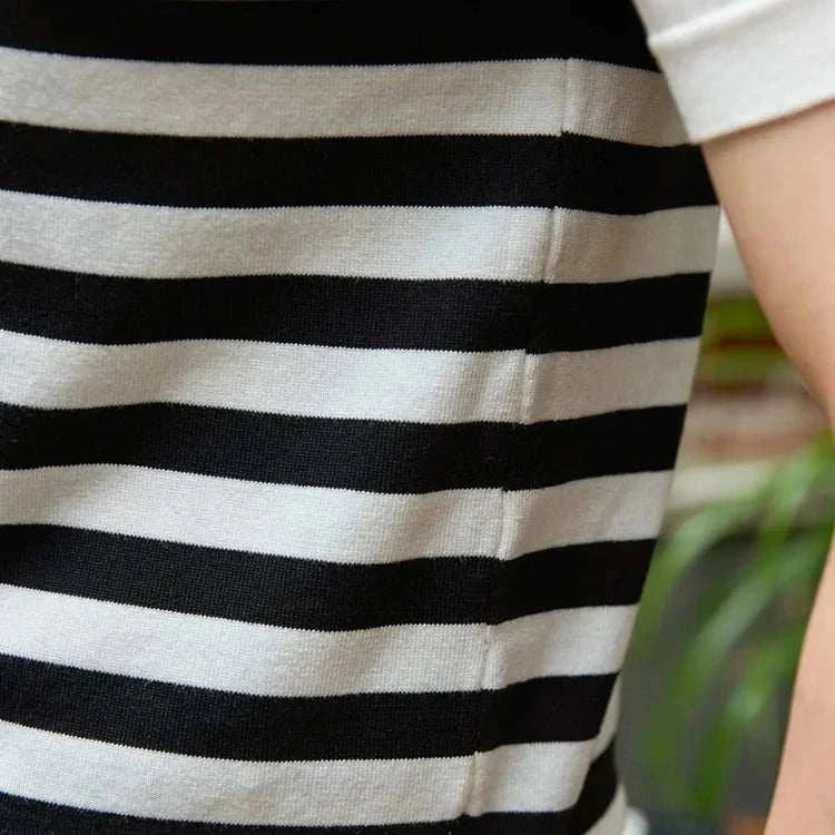 Striped office polo collar t-shirt made of high-quality polyester, featuring black and white stripes for a smart casual look.