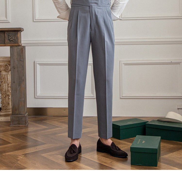High Waist Business Trousers in gray with sleek design in elegant interior setting.