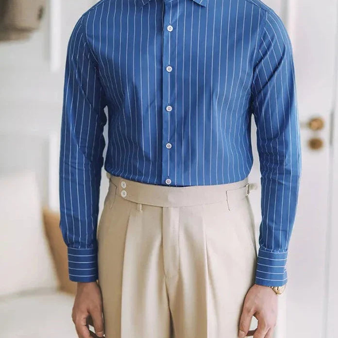 Gentleman premium shirt, blue printed, long sleeve, smart casual style.