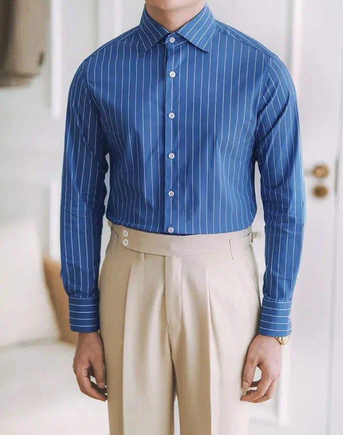 Gentleman premium shirt, blue printed, long sleeve, smart casual style.