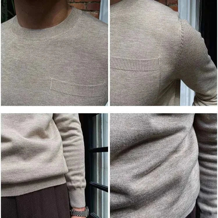 Men's beige sweater with crew neckline and pocket, tailored fit, ideal for office wear.