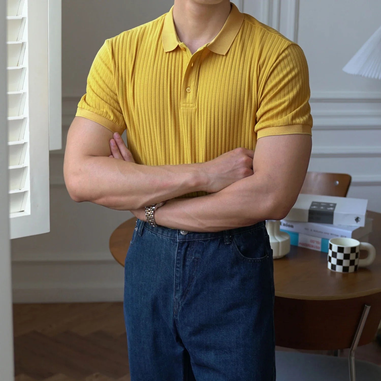 Yellow striped LUXELY vintage t-shirt for men in casual setting.