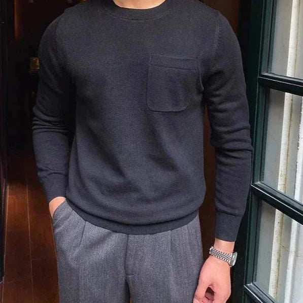 Men's black office sweater with chest pocket, comfortable fit, made of 70% polyamide and 30% cotton.