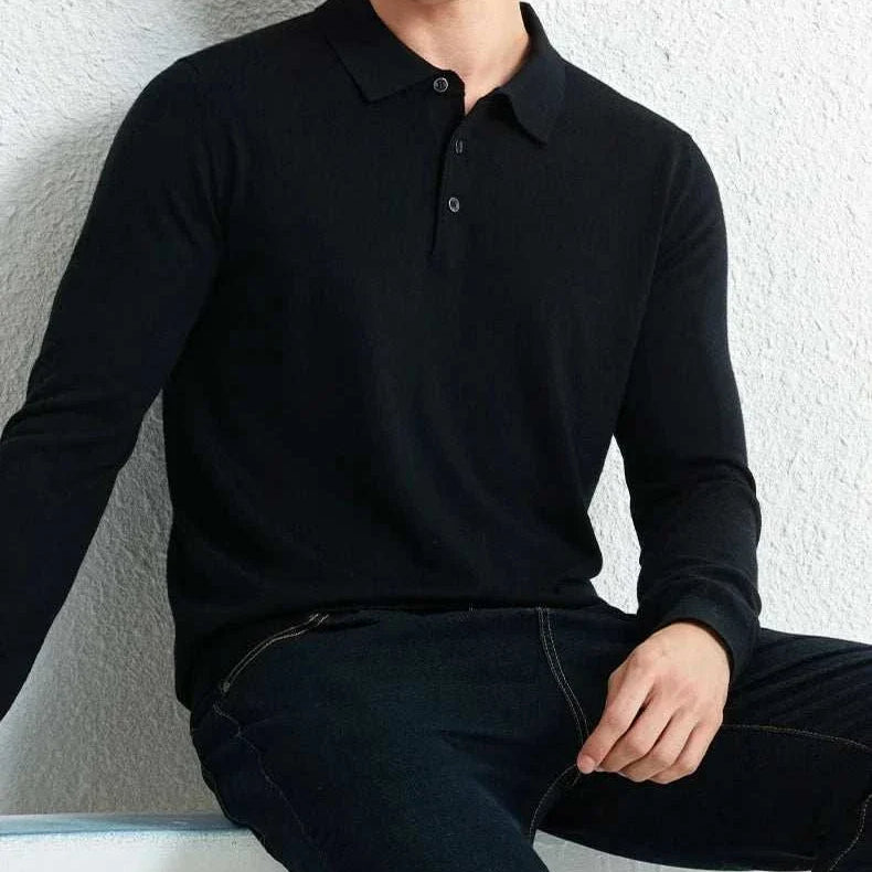 Slim fit wool autumn sweater for men, cotton blend, stylish black design.