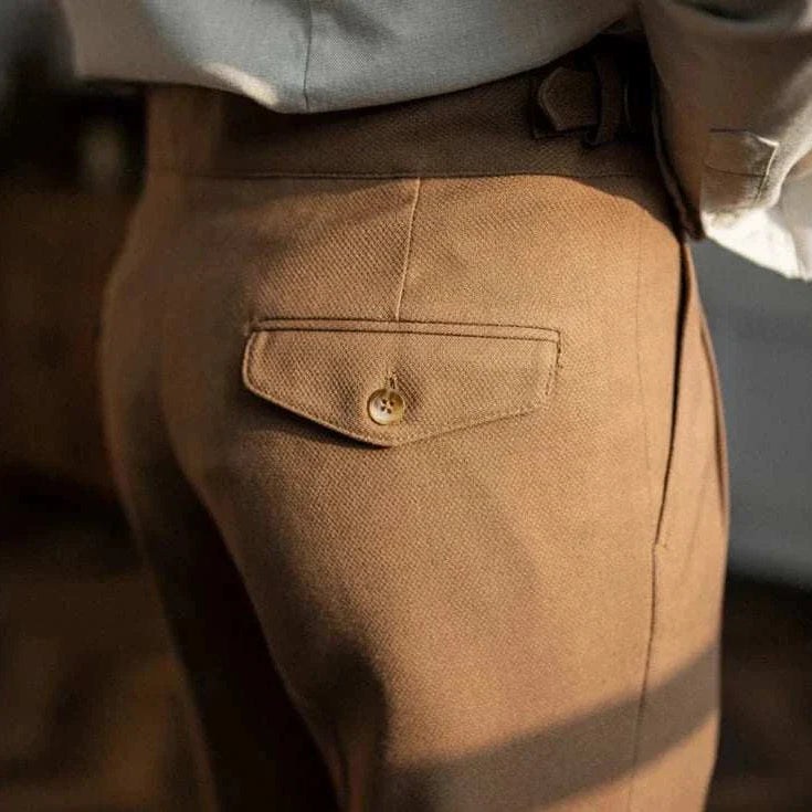 Men's cold season straight trousers in solid pattern, polyester material.