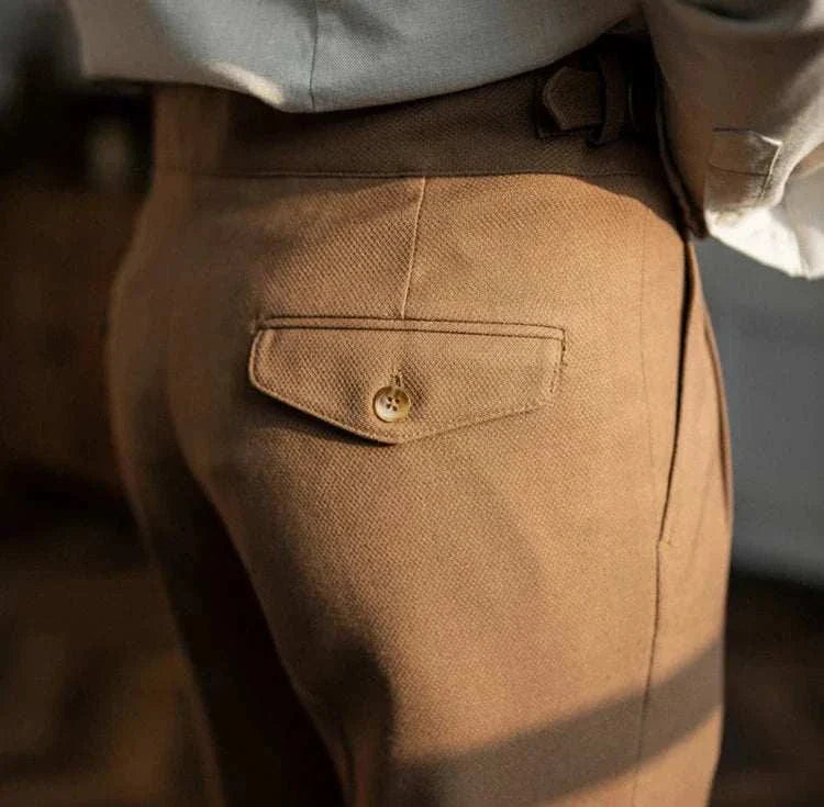 Men's cold season straight trousers in solid pattern, polyester material.