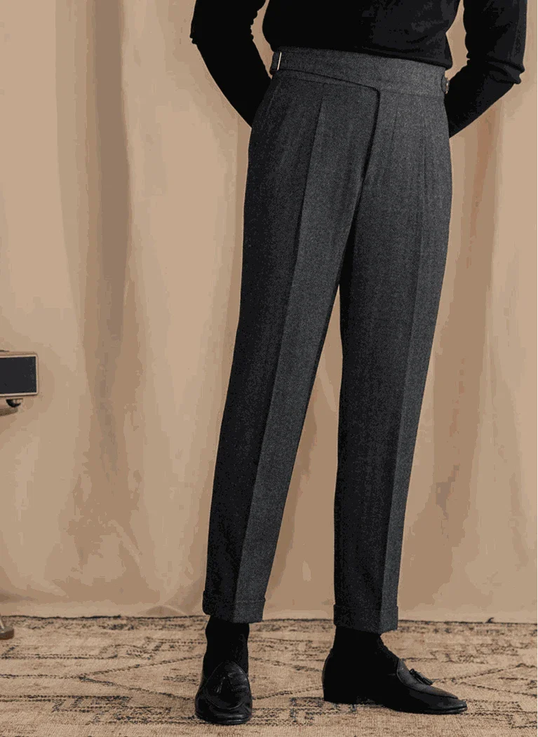 Antonios vintage wool herringbone pants, smart casual full-length polyester.