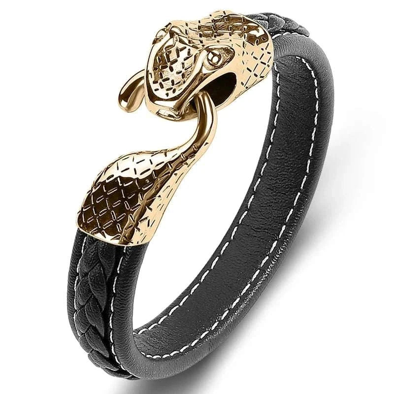 Stylish snake leather bracelet with gold details and high-quality stainless steel.