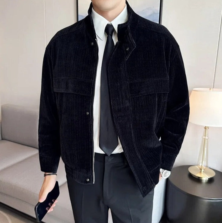 Men's corduroy winter jacket in black, casual elegant style.