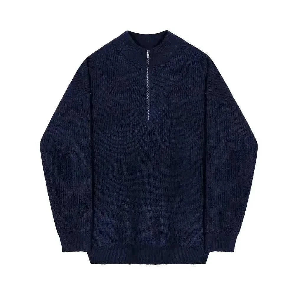 Half-high zipper autumn sweater in solid navy, perfect for fall.