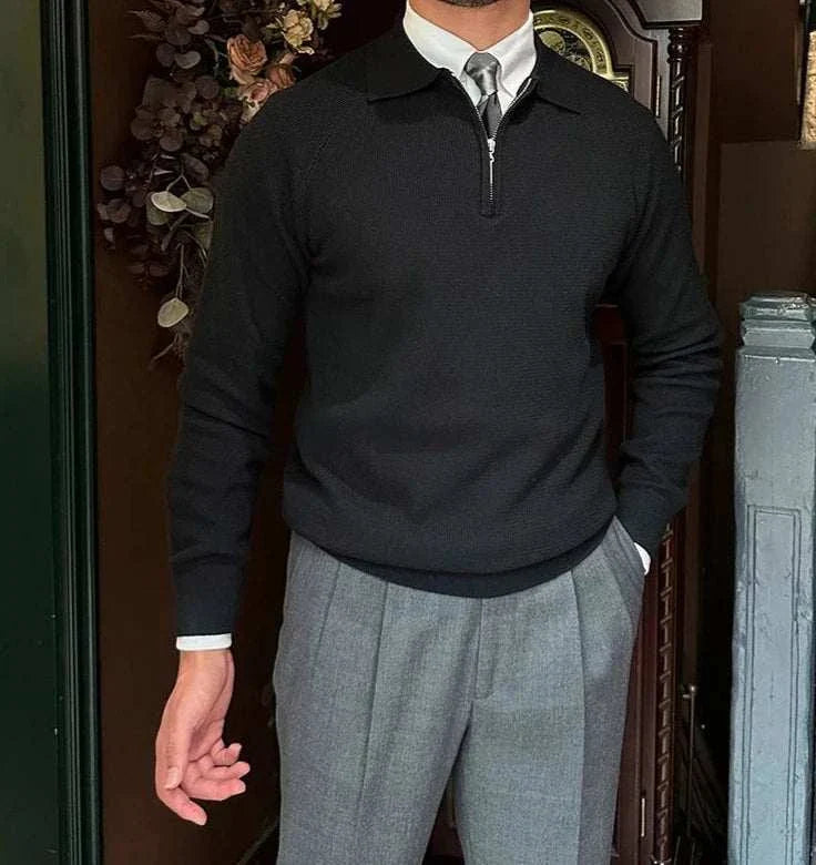 Oxford zipper sweater in black, men's casual and elegant, made of premium acrylic material for warmth.