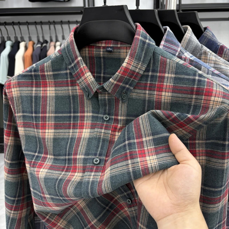Lapel cotton plaid pattern long sleeve shirt