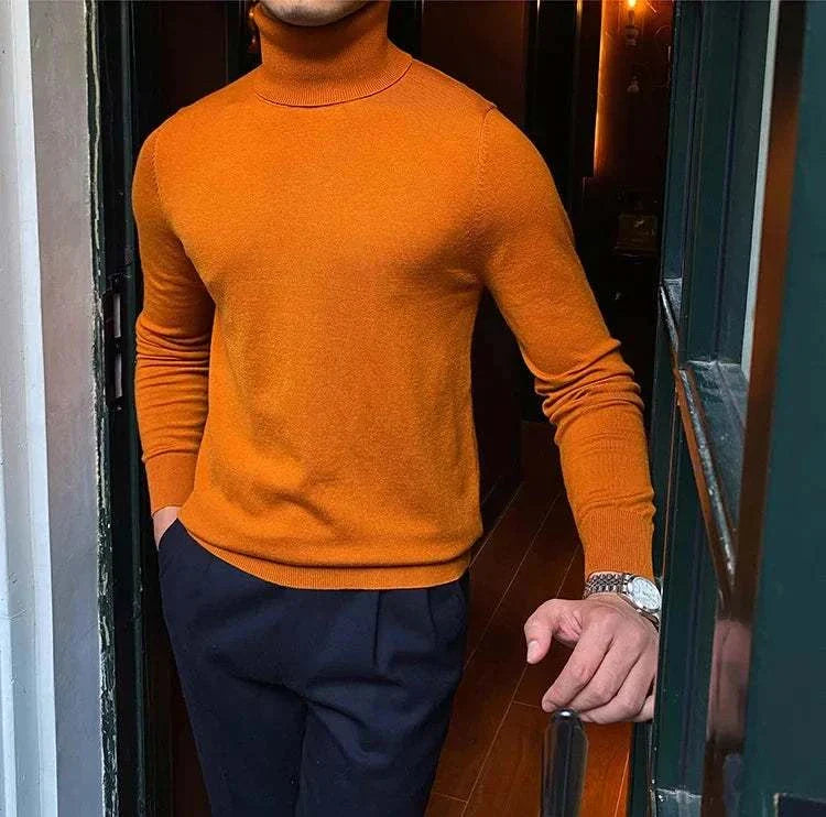 Orange business turtleneck sweater for men, perfect for office and meetings.