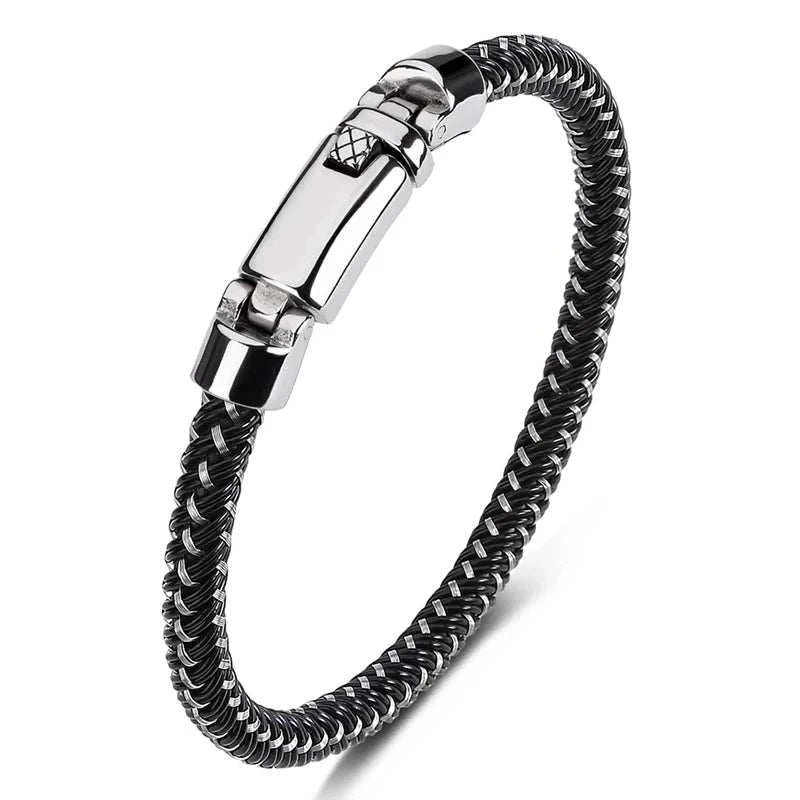 Classic minimalist stainless steel bracelet with PU detailing.