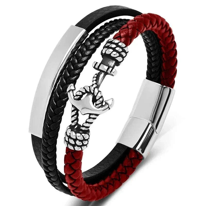 Weave triple leather bracelet with stainless steel accents and anchor charm.