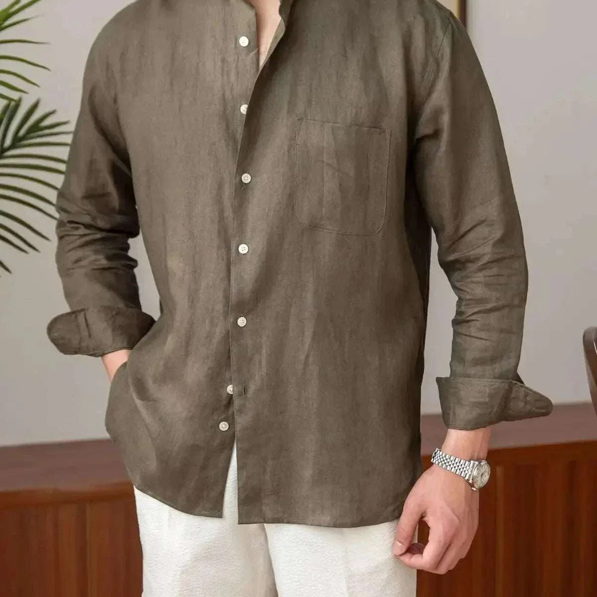 Linen smart casual long sleeve shirt in solid color for men, featuring a classic collar and breathable fabric.