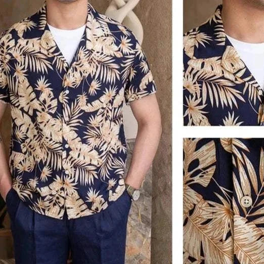 Vintage Hawaiian flower shirt for men, featuring a casual floral design on a breathable polyester fabric.