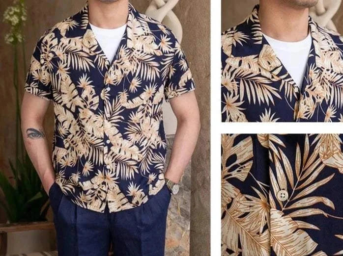Vintage Hawaiian flower shirt for men, featuring a casual floral design on a breathable polyester fabric.