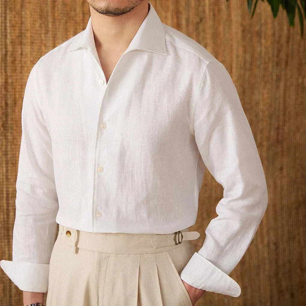 Linen elegant long sleeve white shirt, perfect for spring/summer occasions.