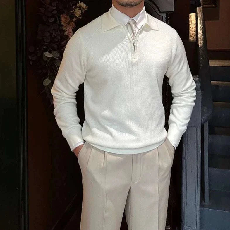Oxford zipper sweater in white, featuring a solid pattern, ideal for casual or elegant men's style.
