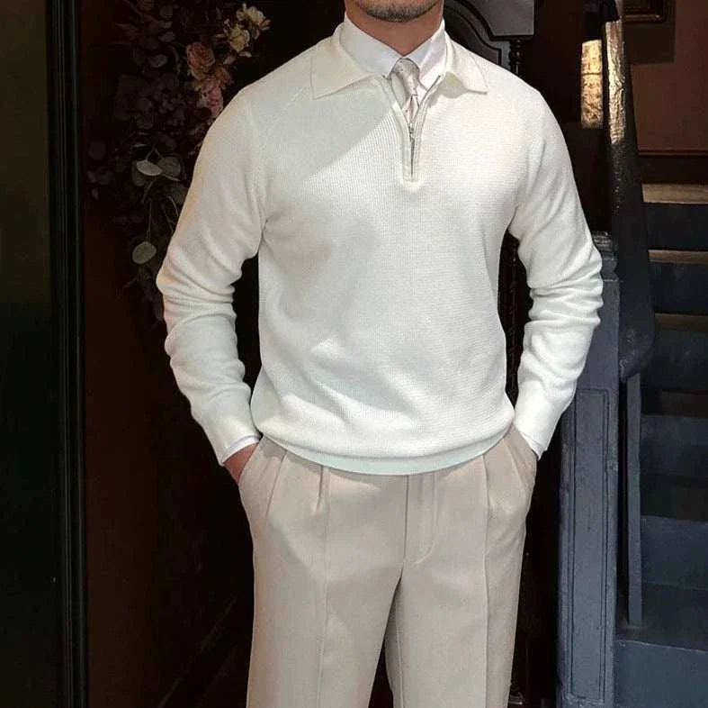 Oxford zipper sweater in white, featuring a solid pattern, ideal for casual or elegant men's style.