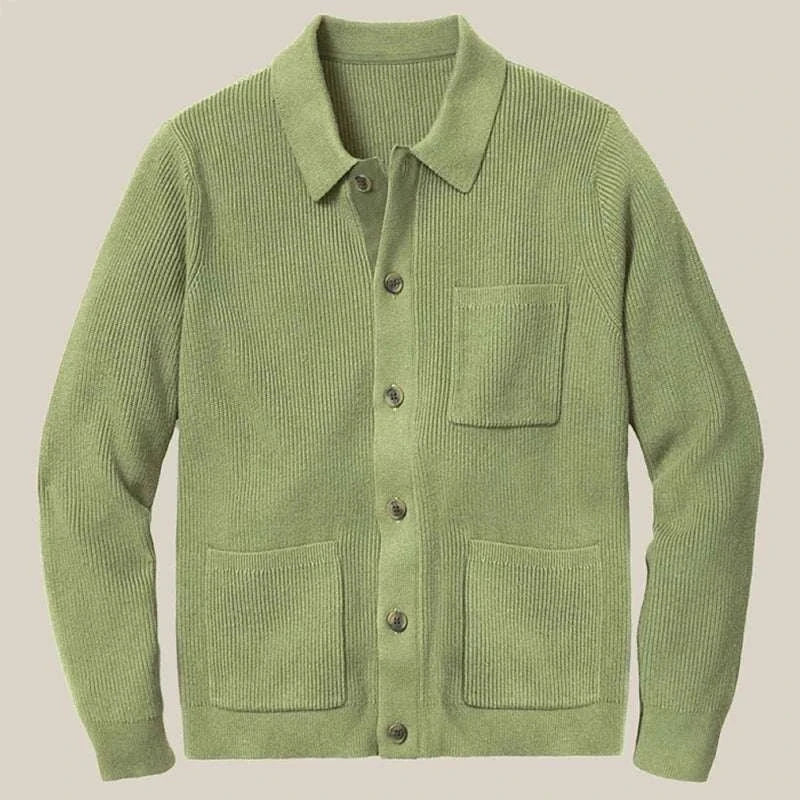 Men's fall vintage cardigan in green, cotton-polyester blend, button front.