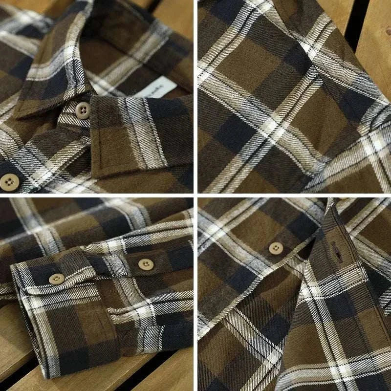 RETRO summer plaid shirt with brown and white checkered pattern, cotton material, close-up details.