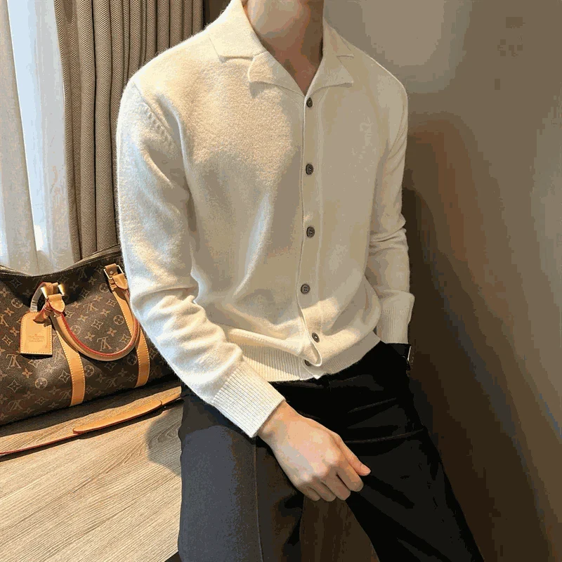 Business casual knitted cardigan for men in white, perfect for cool weather.