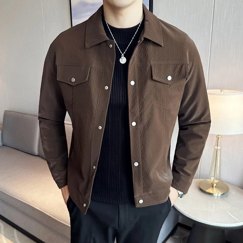 CLASSY jacket in coffee color made from eco-leather, worn by a male model in a stylish setting.